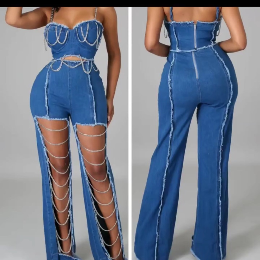 Blue Denim Chain Detail Jumpsuit